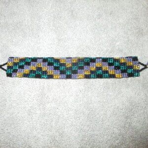 Vtg Iridescent Beaded Bracelet Checkered Green Purple Wide Artsy Hippie Boho